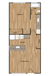 A floor plan of a room with a bedroom, bathroom, closet, kitchen, and living room.