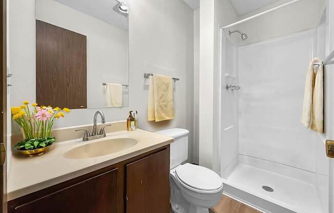 A white sink with a bowl of flowers on it.
