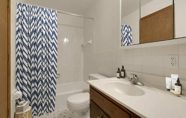 a bathroom with a white sink and toilet and a blue and white shower curtain