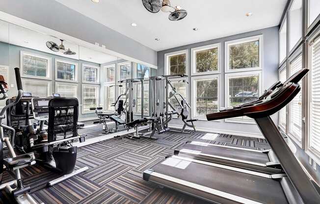 A well-equipped gym with treadmills, weights, and exercise machines.