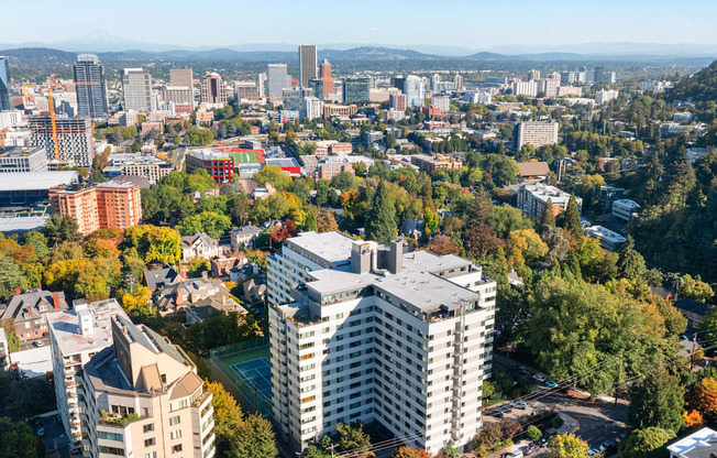 an aerial view of a city with tall buildings and trees