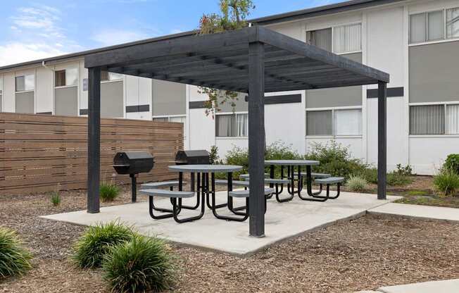 A patio with a table and chairs under a roof.