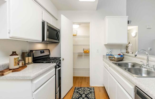 Modern kitchen with white cabinetry, granite countertops, and stainless steel appliances. A door leads to a pantry, and a rug is placed in front of the sink area. Natural light comes through an overhead fixture, enhancing the bright, clean atmosphere.