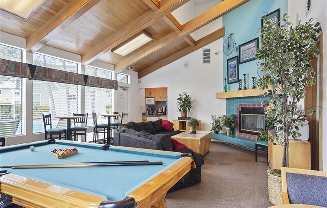Clubhouse with pool table at Parkside Apartments, Davis, California