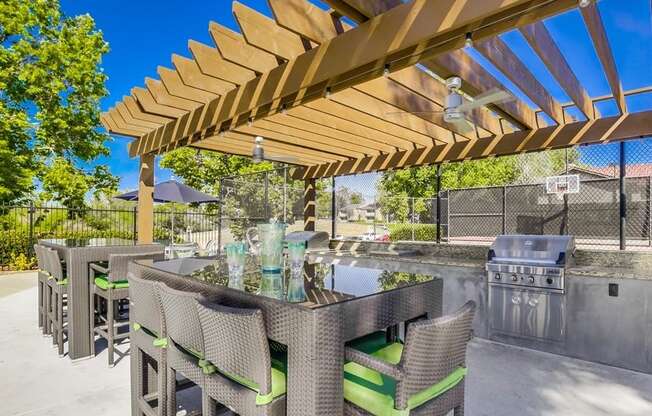 Temecula Apartments for Rent - Vista Promenade BBQ Area with Grills, Covered Patio, Modern Patio Furniture, and Ceiling Fan