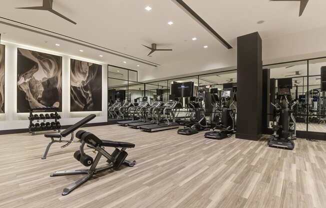 Fitness center with Peloton bikes at Valo, Washington