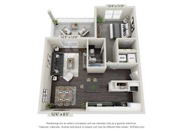 1 bed, 1 bath, 733 sqft, $1,390