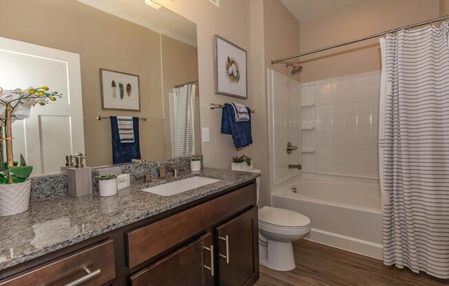A modern bathroom featuring a granite countertop with a double sink, decorative plants, and framed artwork on the wall. A shower-tub combo with a shower curtain is visible, along with bath towels hanging on a rack. The walls are painted a neutral color, enhancing the bright and spacious feel.