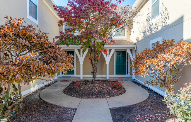 the front yard of a house with a tree in the center