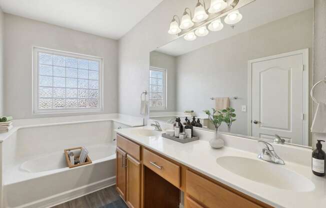 a bathroom with a sink and a tub and a mirror