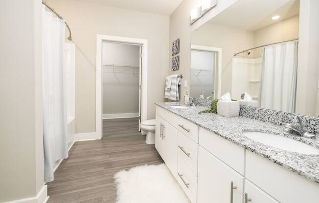 a bathroom with two sinks and a shower and a toilet
