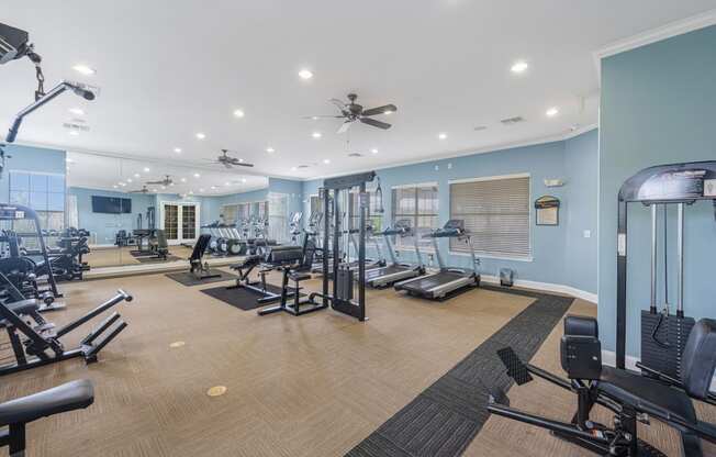 a gym with weights and cardio machines and a ceiling fan