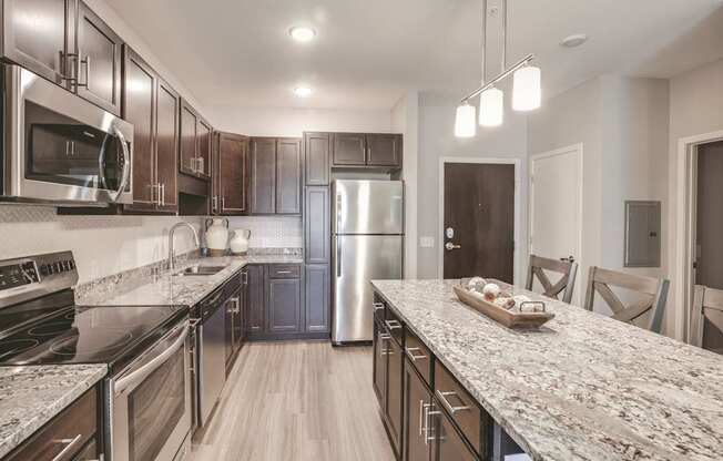 Warm Tone Kitchen, new, granite, lux, Senior Apartment, Senior living, Maplewood, White Bear Lake, Saint Paul, Frost English Silver