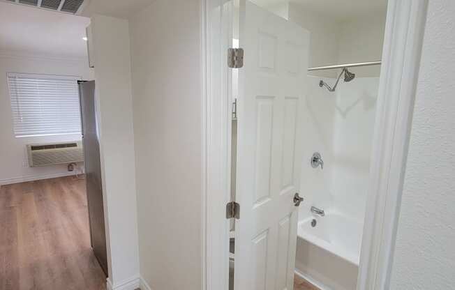 Hallway bathroom in one bedroom at the Atrium Apartments in San Diego.