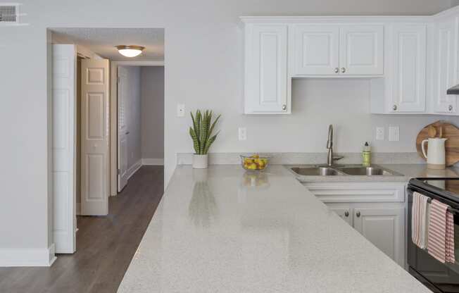 a kitchen with white cabinets and a white counter top