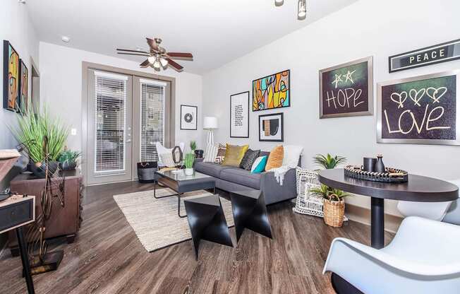 a living room with a couch and a table