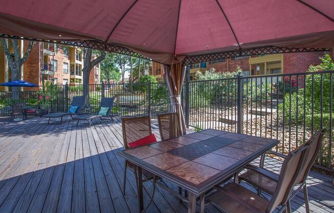 an umbrella sitting on top of a wooden table