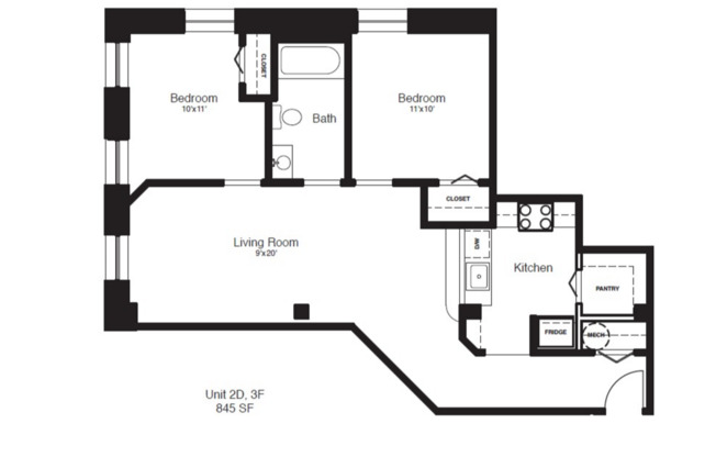 2 beds, 1 bath, 845 sqft, $1,300, Unit 2D