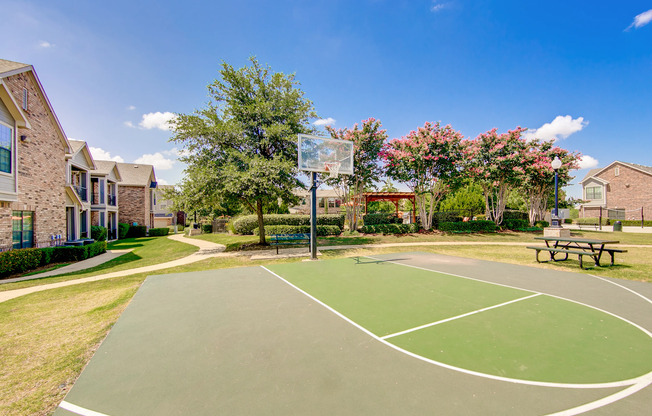 View of Sport Court, Showing Basketball Net and Picnic Area at Enclave on Golden Triangle Apartments