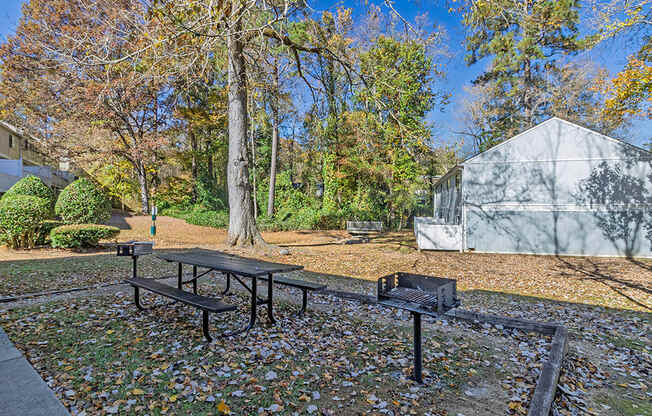 Element at 4411 Macon Apartments A picnic table and two benches are set up in a park with trees and a white tent in the background.