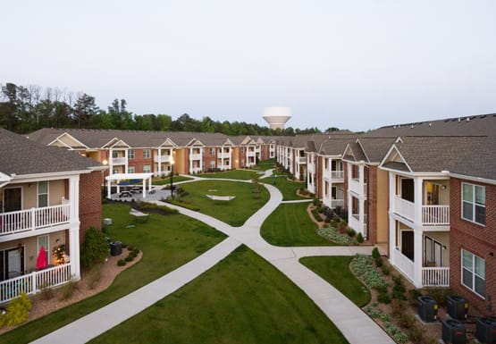 Apartment buildings with pathways throughout