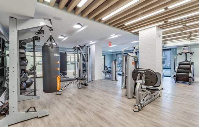 a gym with weights and cardio machines and a punching bag on the floor