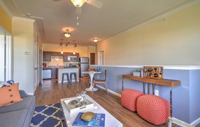 a living room with a couch and a table