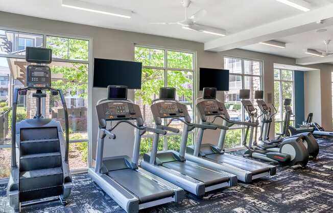 Treadmill in gym at The Flats at Ballantyne Apartments, Charlotte, 28277