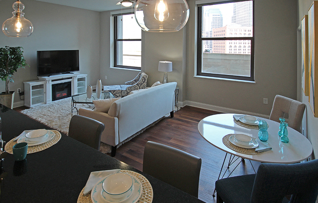 Living Room With Dining Area at The Terminal Tower Residences Apartments, Cleveland, 44113