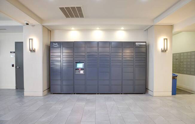 a large group lockers in the lobby of a building at The Argonne Apartments, Washington DC