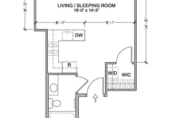 Studio, 1 bath, 356 sqft, $1,450, Unit 9-B