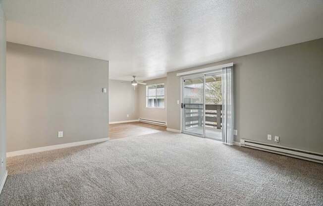 A spacious room with a carpeted floor and sliding glass doors.