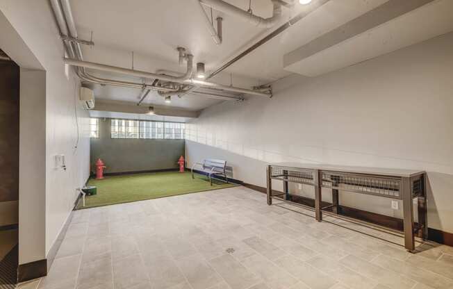 a room with a green rug and a bench in the corner