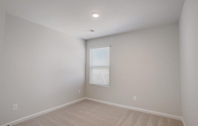 A room with a window covered by blinds and a carpet on the floor.
