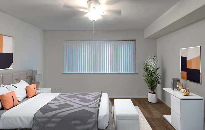 This is a photo of a virtually staged bedroom in the 751 square foot 1 bedroom, 1 bath apartment with fireplace at Woodbridge Apartments in Dallas, TX.