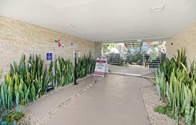 the entrance to a building with plants in front of it