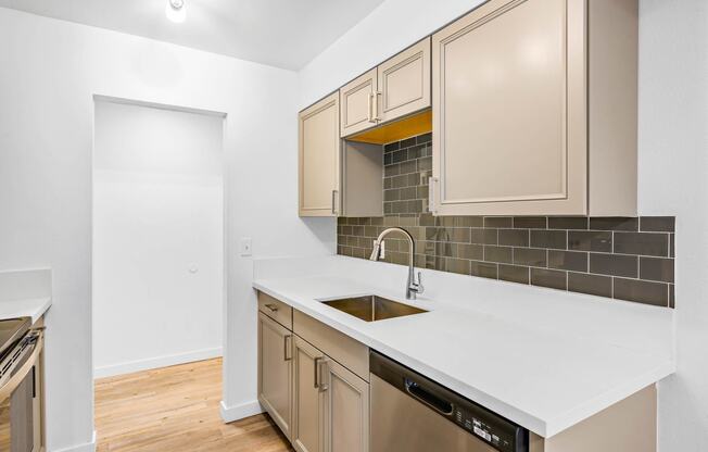 a kitchen with white countertops and a stainless steel dishwasher