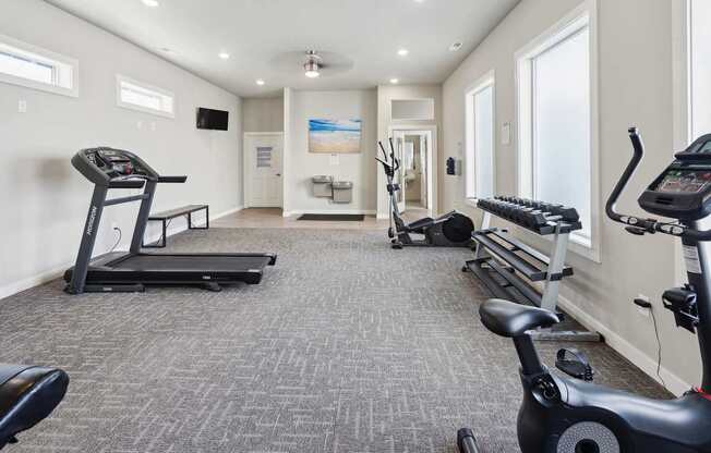 A spacious home gym with treadmills, elliptical machines, and a stationary bike.