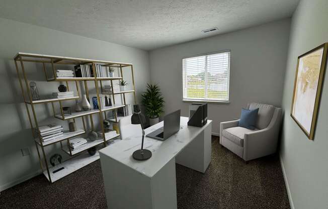 an office with a white desk and a chair