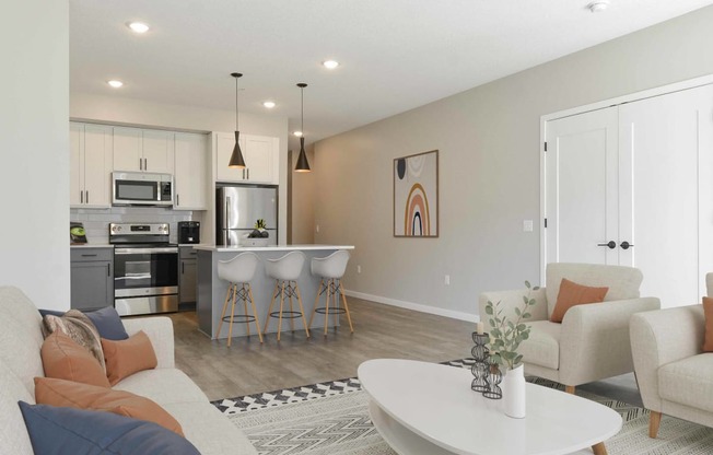 a rendering of a kitchen with white cabinets and a geometric wallpaper