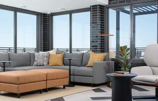 A living room with a grey couch, a brown ottoman, and a black table with a plant on it.