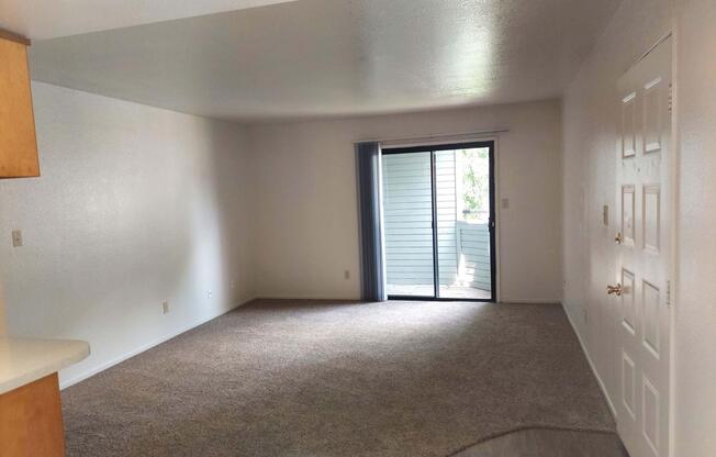 A spacious, empty living room with light beige carpeting and white walls. There is a sliding glass door leading to a balcony, providing natural light. A small kitchenette area is visible on the left. The atmosphere is bright and inviting, perfect for personalized decor.
