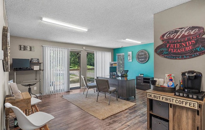 a living room and dining room with a coke sign on the wall