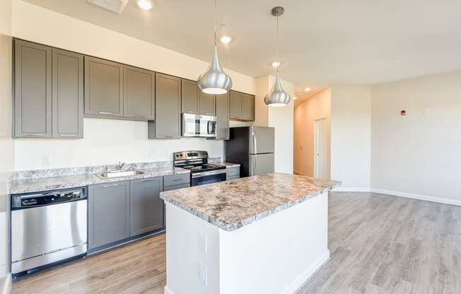 kitchen with stainless steel appliances, island, hardwood floors and modern lighting at city view apartments in washington dc