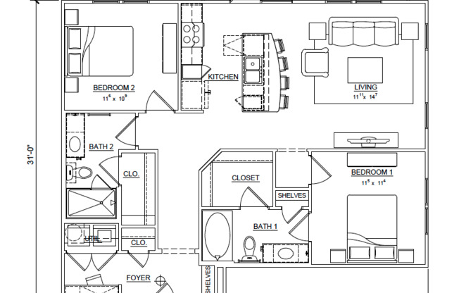 2 beds, 2 baths, 1,062 sqft, $2,399