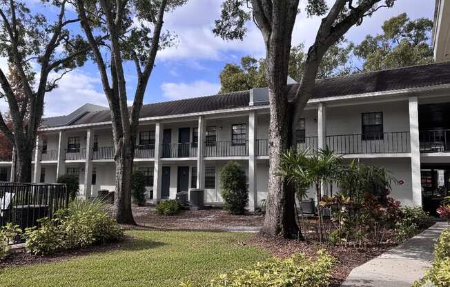 A white building with a black roof and a tree in front.