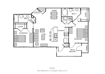 2 beds, 2 baths, 1,051 sqft, $1,735