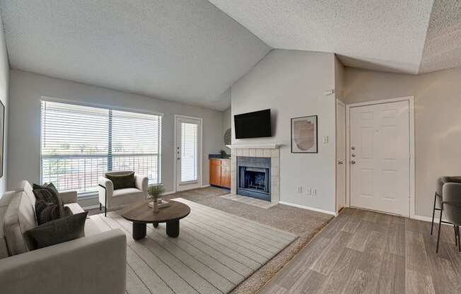 A living room with a fireplace and a television.