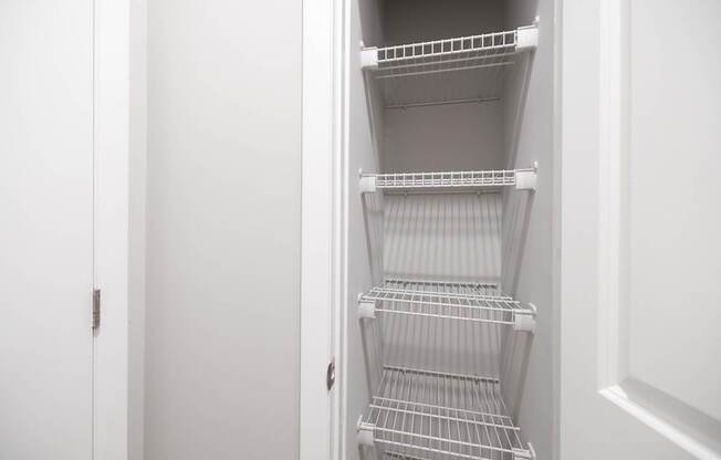 Empty white shelves in a white pantry.