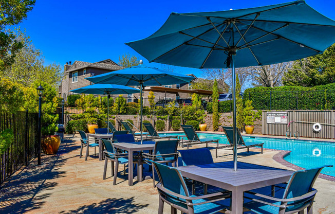 view of pool with tables, chairs, and umbrellas